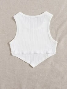 SHEIN EZwear Asymmetrical Hem Rib-knit Crop Tank Top - White - View 2