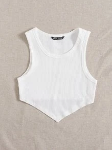 SHEIN EZwear Asymmetrical Hem Rib-knit Crop Tank Top - White - View 5