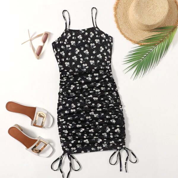 

Drawstring Ruched Ditsy Floral Dress, Black and white