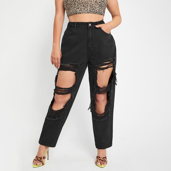 

Plus Curvy High Waist Ripped Mom Jeans, Black