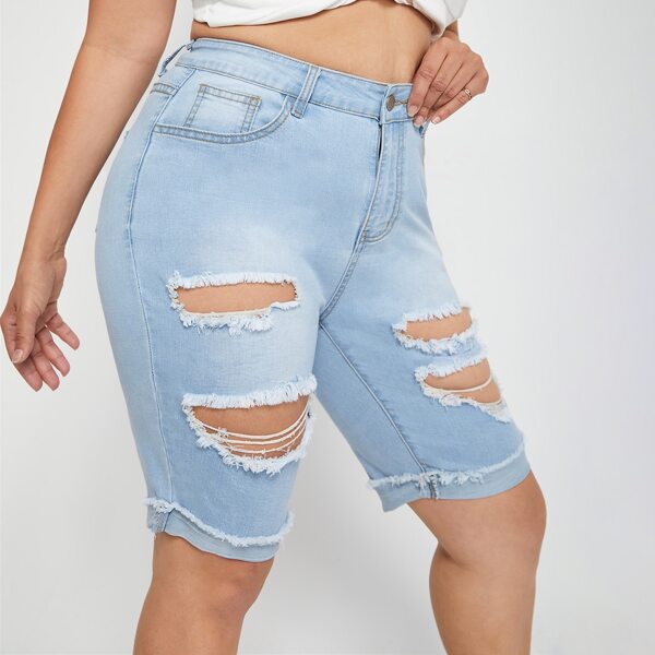 

Plus High Waist Ripped Skinny Denim Shorts, Light wash
