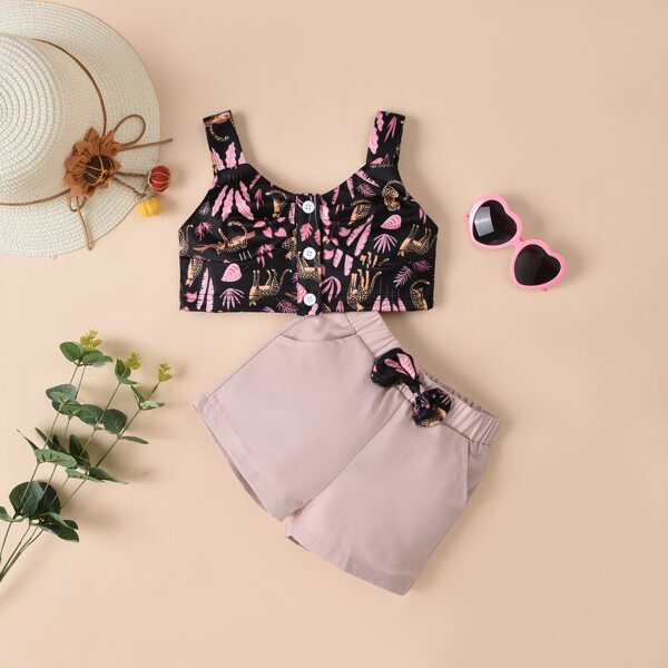 

Toddler Girls Leopard And Tropical Print Crop Cami Top & Shorts, Multicolor