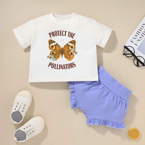 

Baby Girl Butterfly And Slogan Graphic Tee & Ruffle Hem Shorts, Multicolor