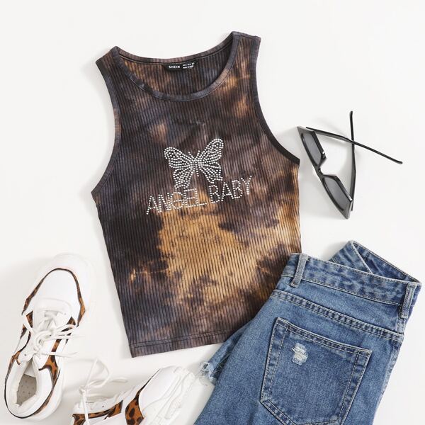 

Letter & Butterfly Rhinestone Detail Tie Dye Tank Top, Multicolor