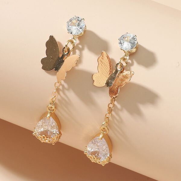 

Zircon Butterfly Decor Drop Earrings, Gold