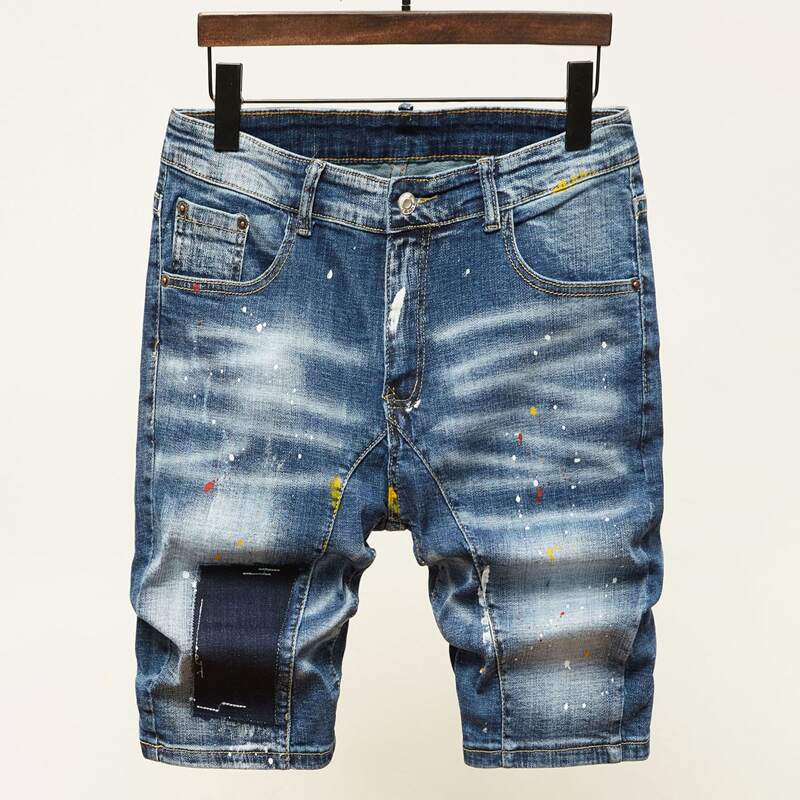 

Guys Paint Splatter Pattern Cat Whisker Denim Shorts, Medium wash