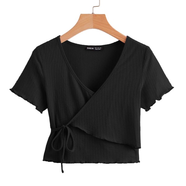 

Ribbed Lettuce Trim Wrap Top, Black