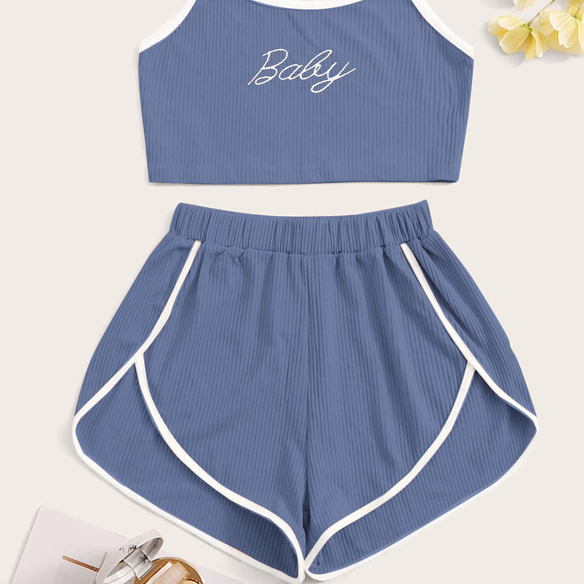

Letter Graphic Rib Cami Pajama Set, Dusty blue