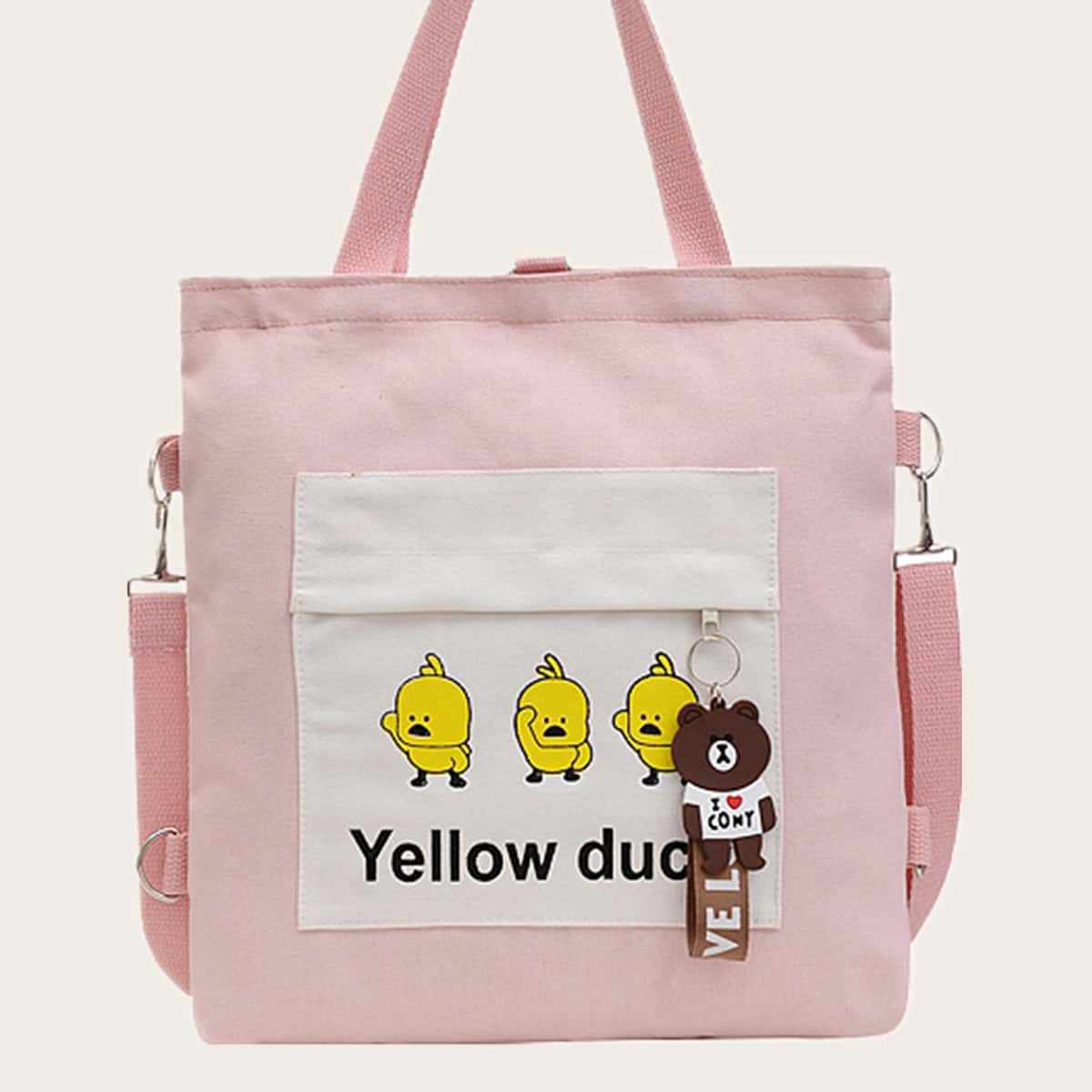 

Cartoon Duck Canvas Tote Bag, Pink