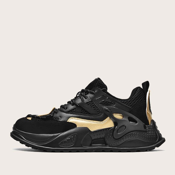 

Men Mesh Panel Lace-up Front Running Shoes, Black