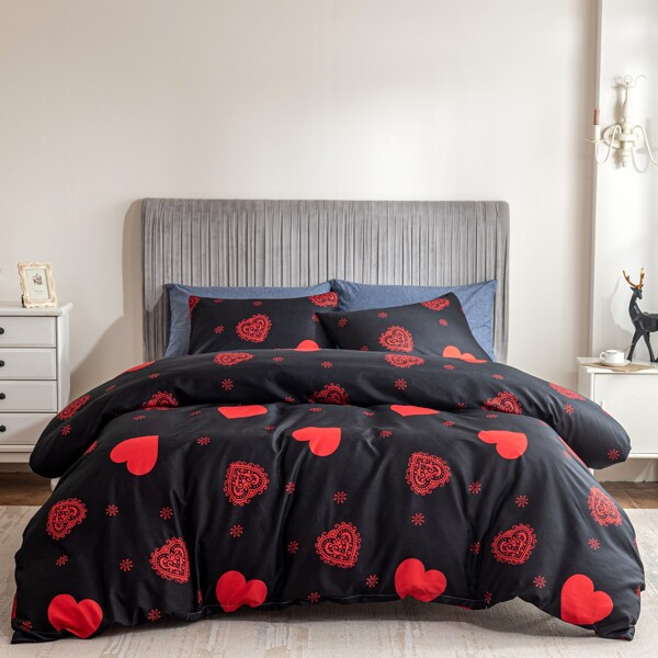 

Heart Print Duvet Cover Set Without Filler, Black