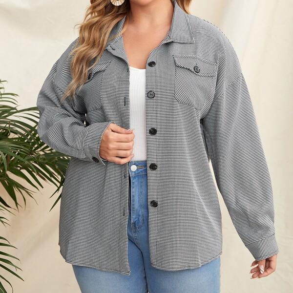 

Plus Drop Shoulder Houndstooth Flap Pocket Jacket, Black and white