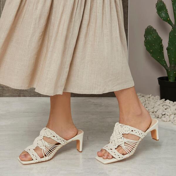 

Braided Design Chunky Heeled Mules, White