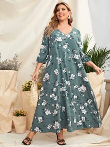 Plus V-neck Allover Floral Print Tunic Dress - Dusty Blue - View 1