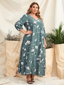 Plus V-neck Allover Floral Print Tunic Dress - Dusty Blue - View 3