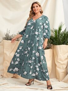Plus V-neck Allover Floral Print Tunic Dress - Dusty Blue - View 4