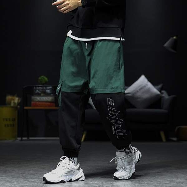 

Men Two Tone Letter Graphic Drawstring Pants, Multicolor