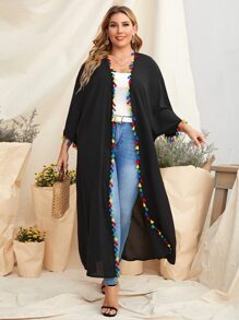 Al Najma Plus Fringe Detail Batwing Sleeve Open Front Abaya - Black - View 1