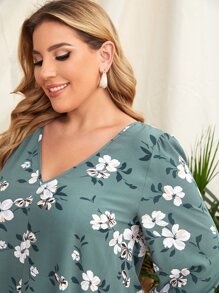 Plus V-neck Allover Floral Print Tunic Dress - Dusty Blue - View 5