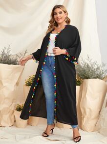 Al Najma Plus Fringe Detail Batwing Sleeve Open Front Abaya - Black - View 3