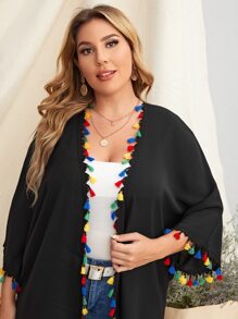 Al Najma Plus Fringe Detail Batwing Sleeve Open Front Abaya - Black - View 4