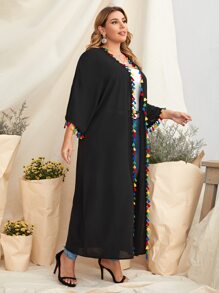 Al Najma Plus Fringe Detail Batwing Sleeve Open Front Abaya - Black - View 5