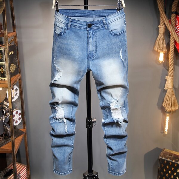 

Men Stone Washed Ripped Tapered Jeans, Light wash