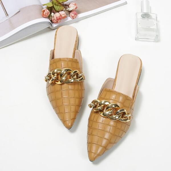 

Chain Decor Croc Embossed Flat Mules, Brown