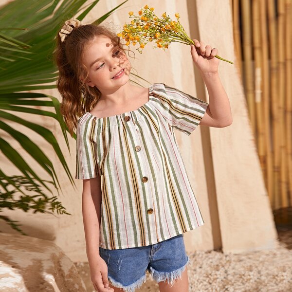 

Girls Striped Button Front Blouse, Multicolor