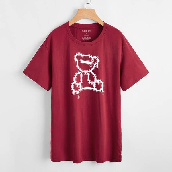 

Cartoon Bear Round Neck Tee, Burgundy
