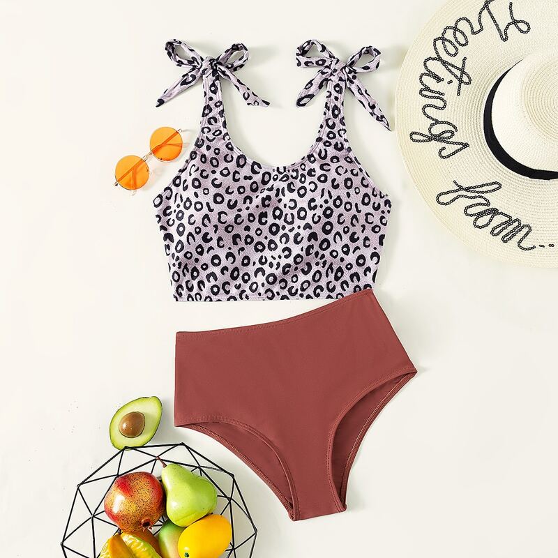 

Leopard Tie Shoulder Bikini Swimsuit, Multicolor