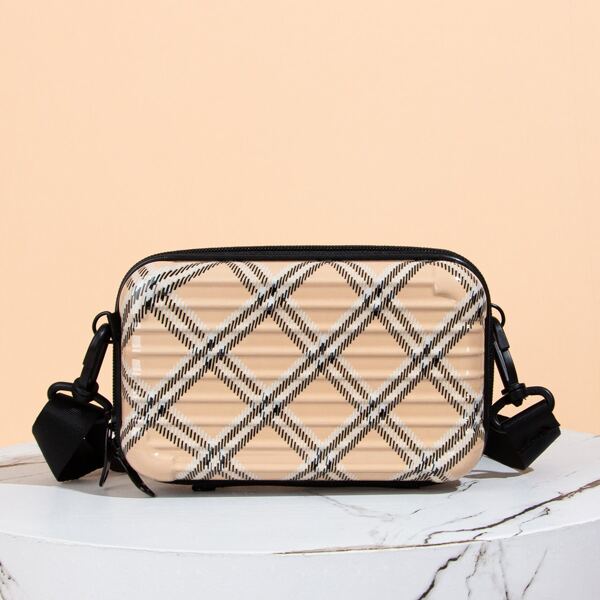 

Plaid Suitcase Shaped Crossbody Bag, Khaki