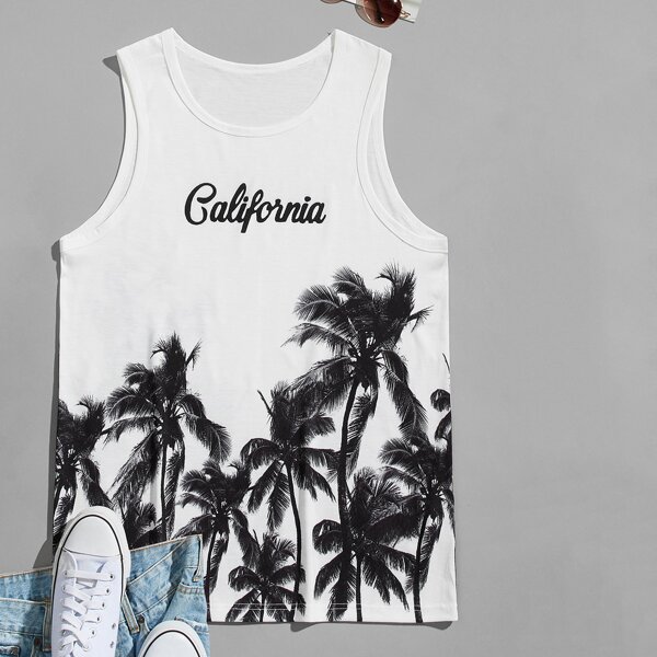 

Men Letter & Coconut Tree Print Tank Top, Black and white