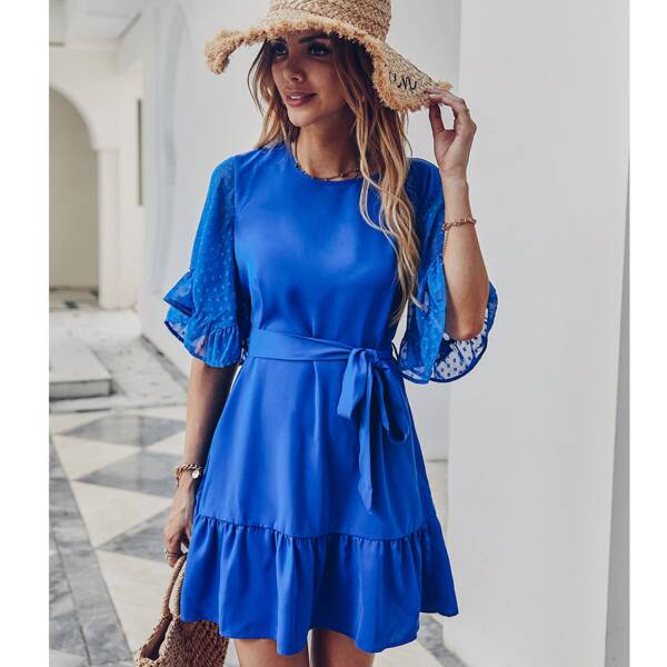 

Flounce Sleeve Self Tie Dress, Royal blue