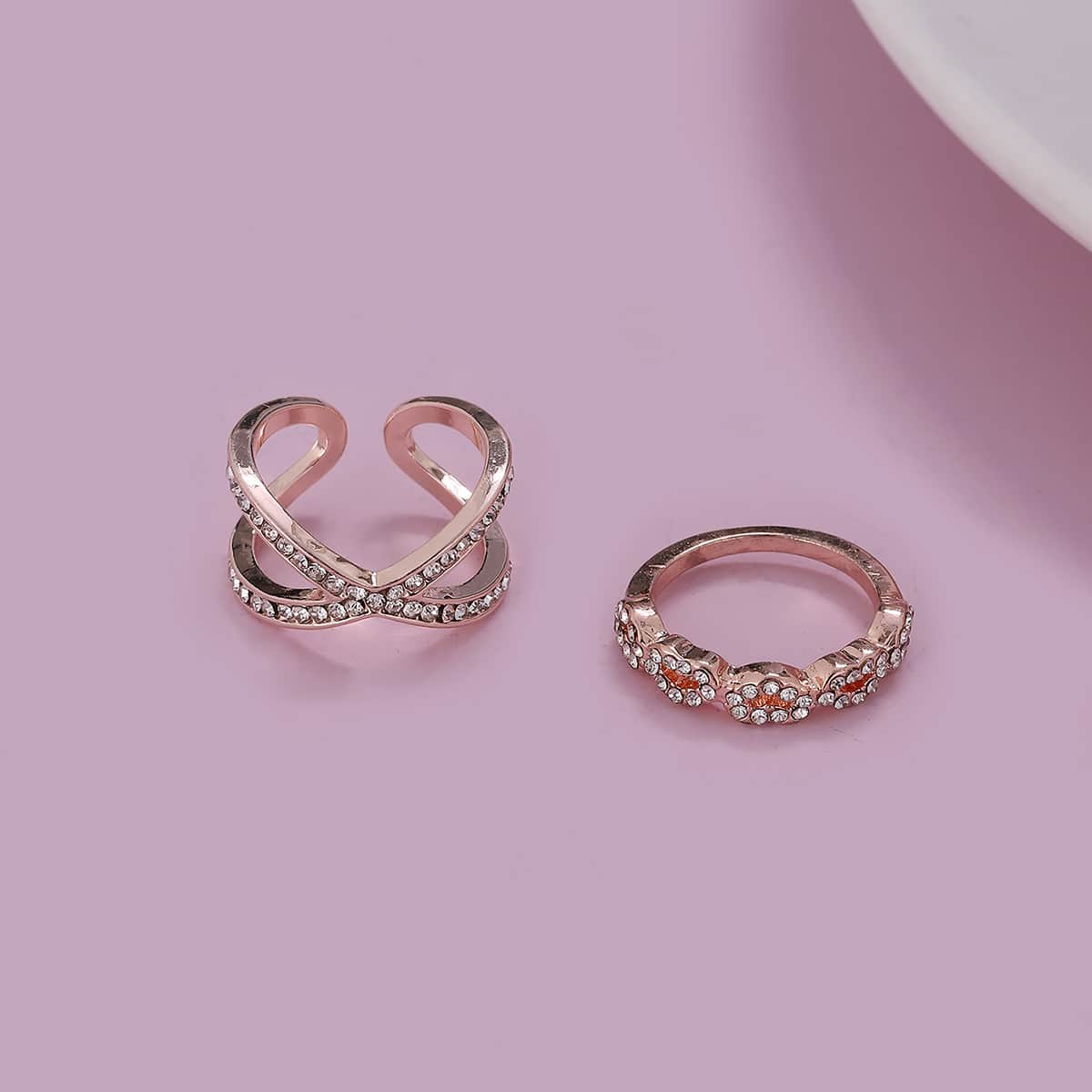 

2pcs Heart Rhinestone Ring, Rose gold