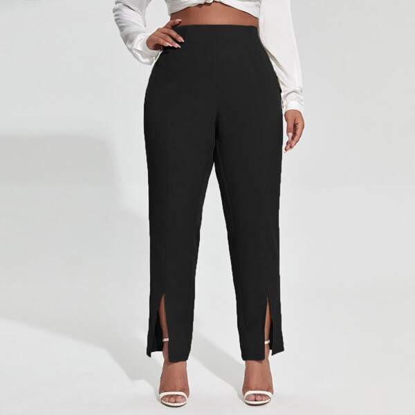 

Plus Split Hem Solid Pants, Black