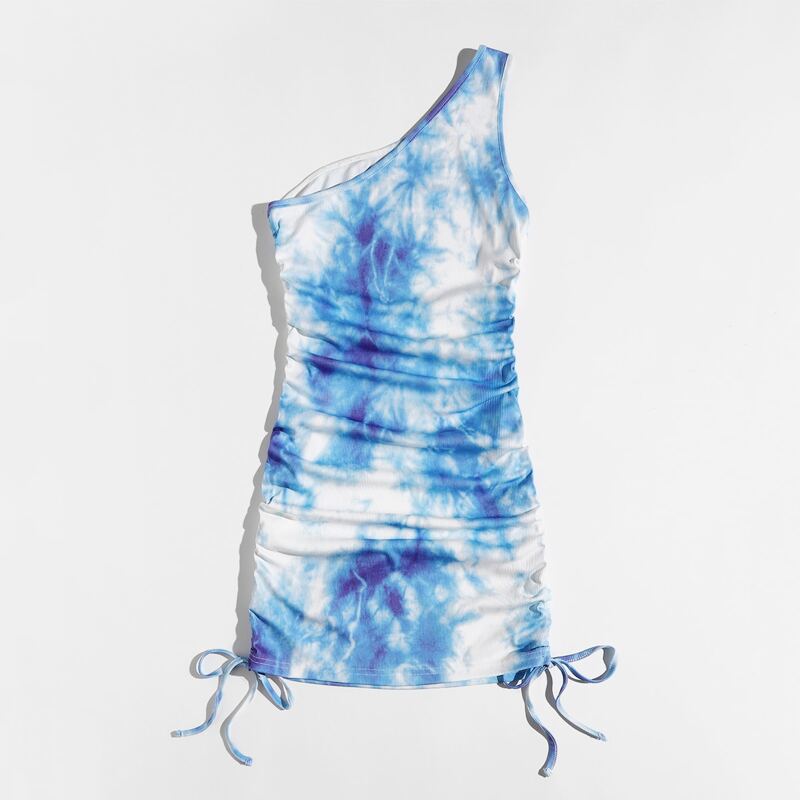 

Tie Dye One Shoulder Drawstring Ruched Dress, Blue and white