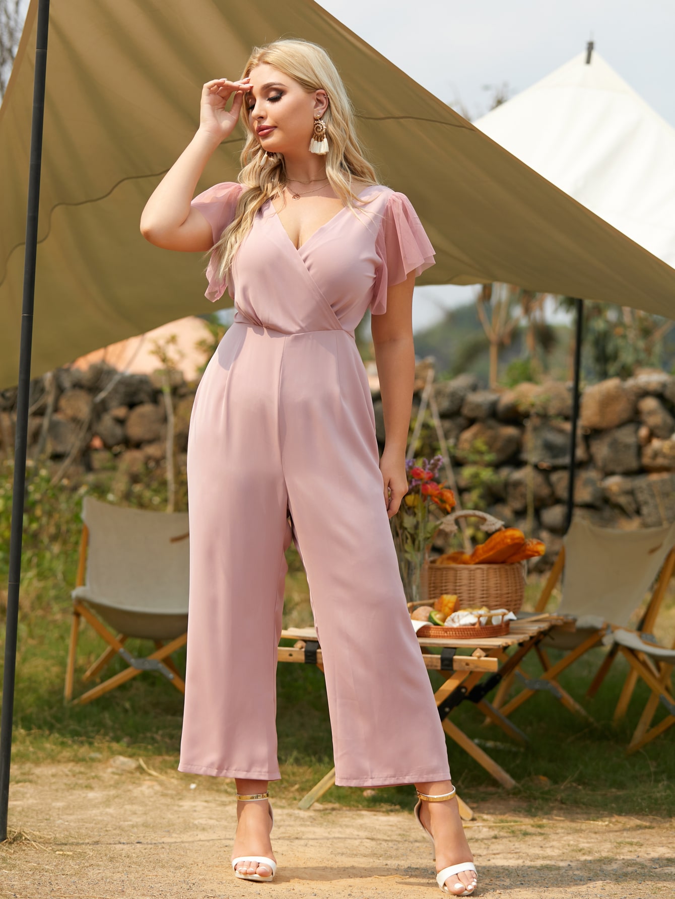 Contrast mesh butterfly jumpsuit
