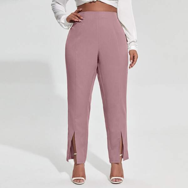 

Plus Split Hem Solid Pants, Dusty pink