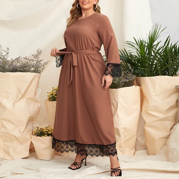 

Plus Lace Trim Belted A-line Dress, Coffee brown