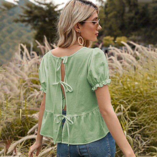 

Tie Back Ruffle Hem Frill Trim Blouse, Mint green