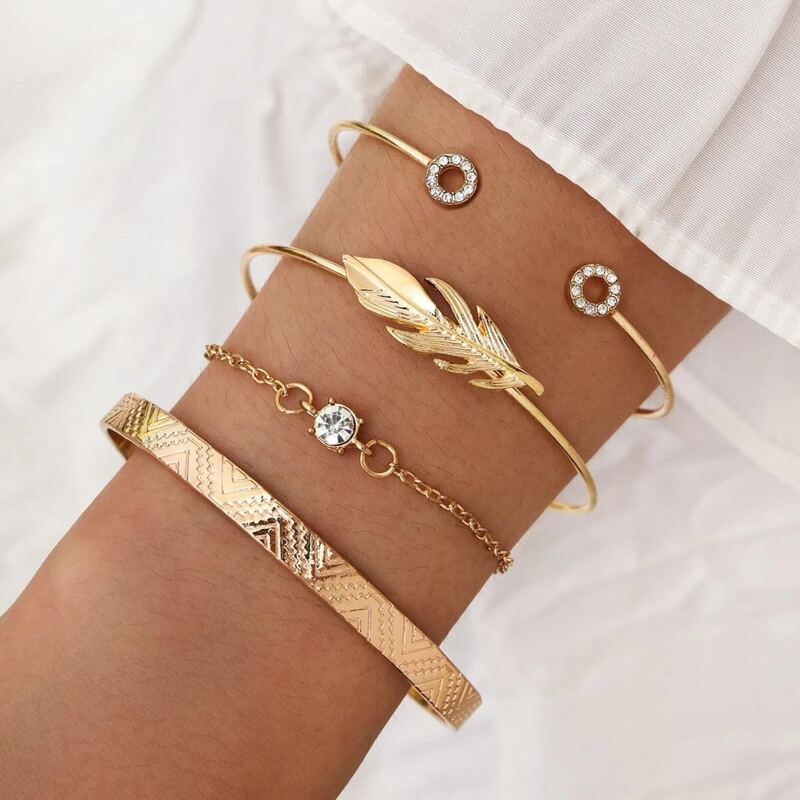

4pcs Rhinestone & Leaf Cuff Bracelet, Gold