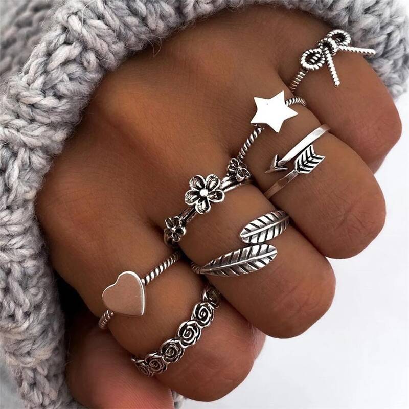 

7pcs Heart & Star Design Ring, Silver