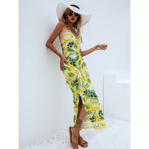 

Allover Tropical Lace Up Back Split Thigh Dress, Multicolor