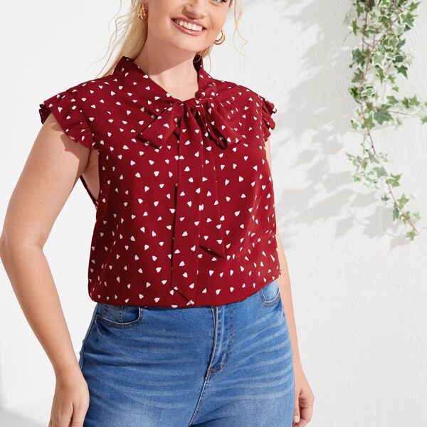

Plus Confetti Heart Print Tie Neck Blouse, Burgundy