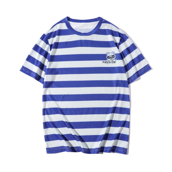 

Men Striped Letter & Cartoon Graphic Tee, Blue and white