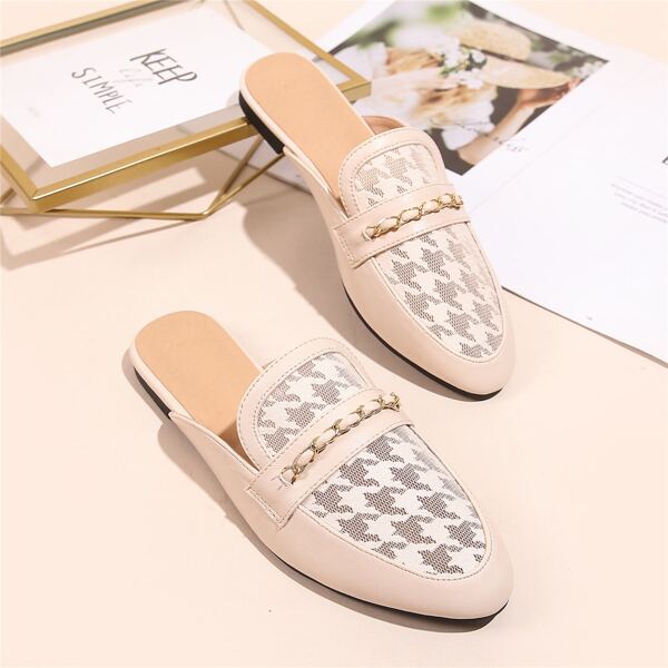 

Houndstooth Chain Decor Loafer Mules, Beige