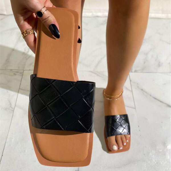 

Woven Pattern Slide Sandals, Black