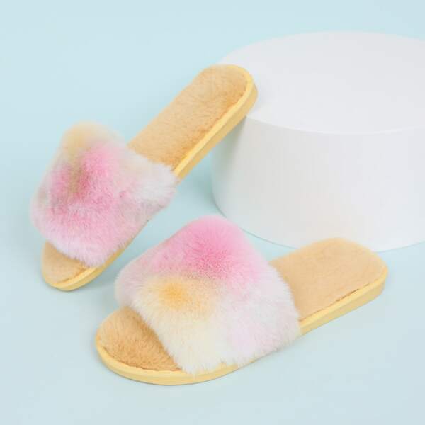 

Open Toe Ombre Fluffy Slippers, Multicolor