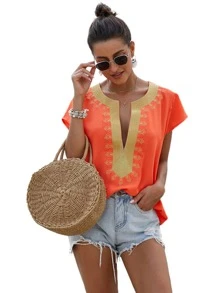 Embroidery Plunging Notched Neck Blouse - Orange - View 3